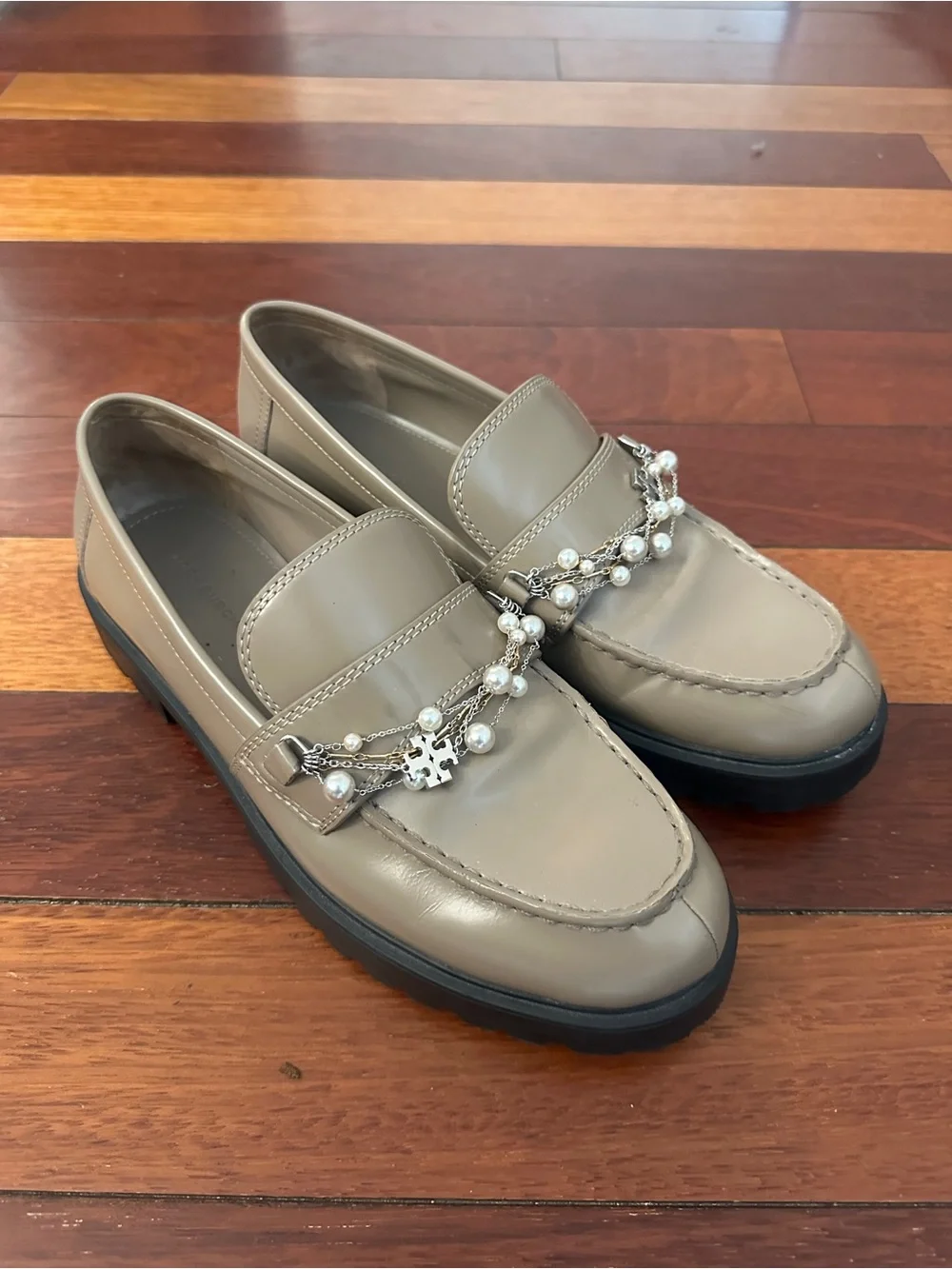 Tory Burch Taupe Pearl-Embellished Loafers